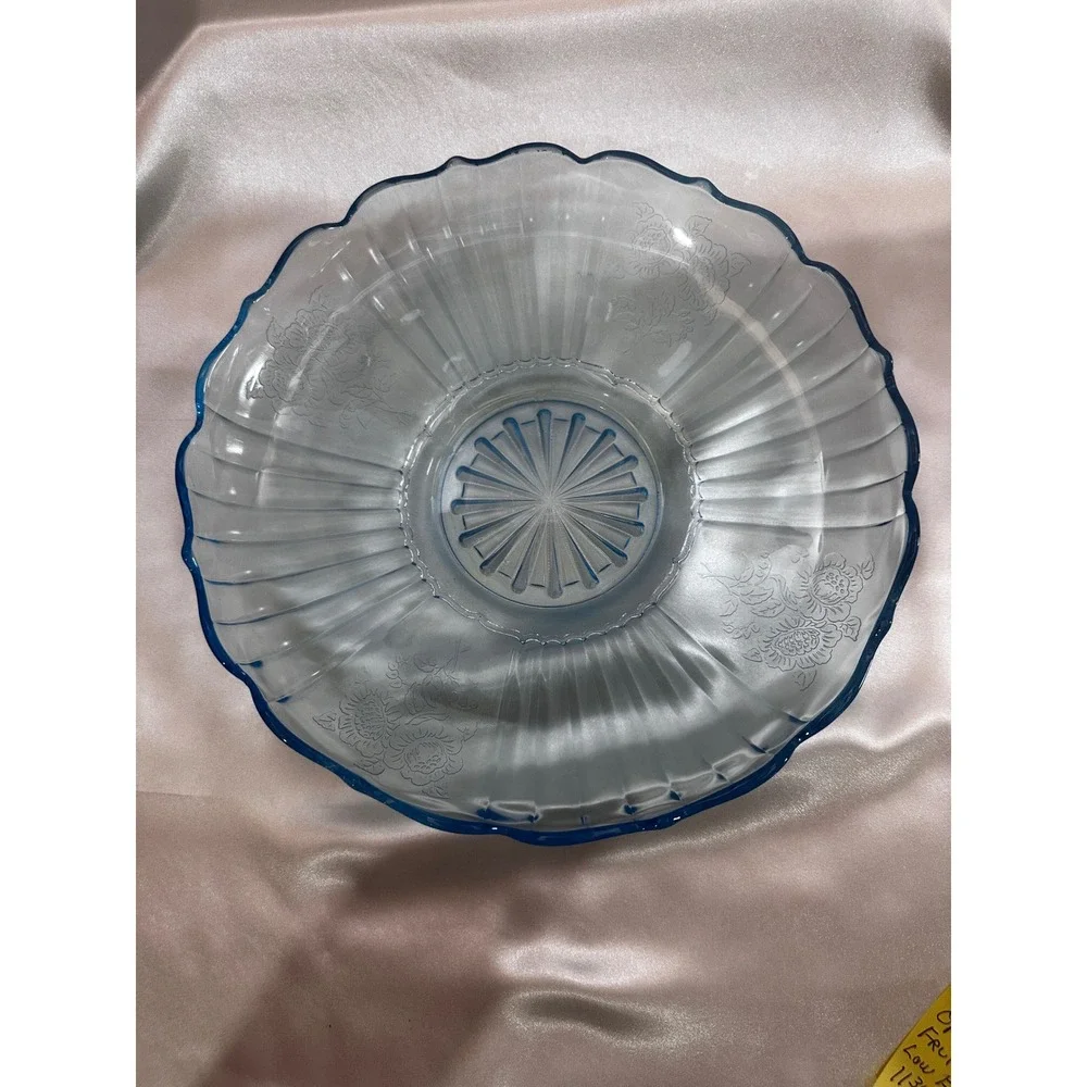 Anchor Hocking Uranium Blue Mayfair Open Rose Fruit Compote Console Bowl 11.75